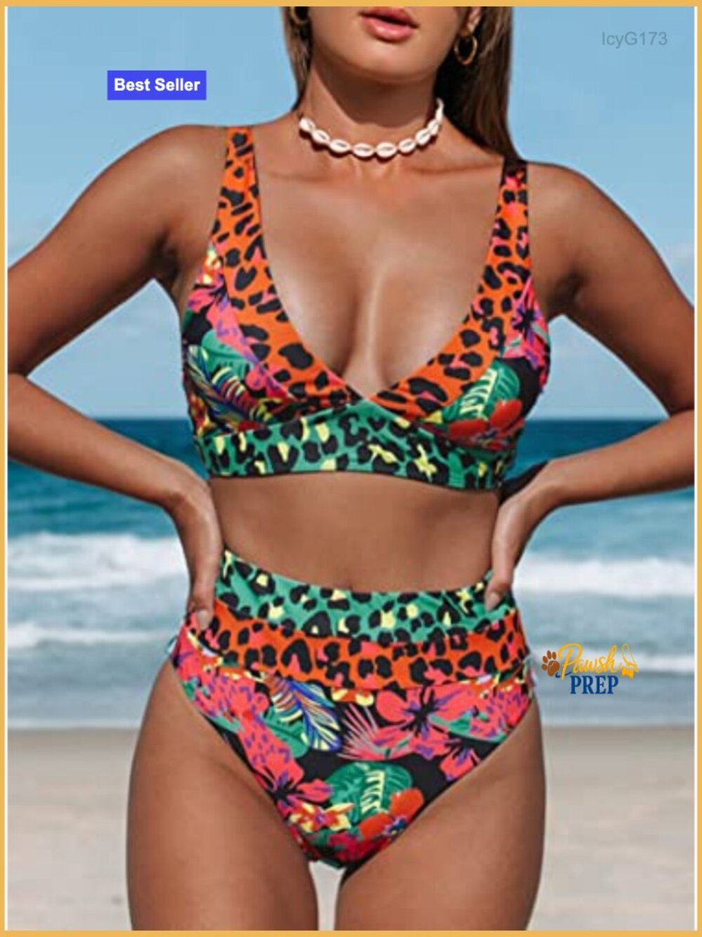 V Neck High Waisted 2 Piece Bikini Swimsuit with Adjustable Straps - Picture 2 of 7